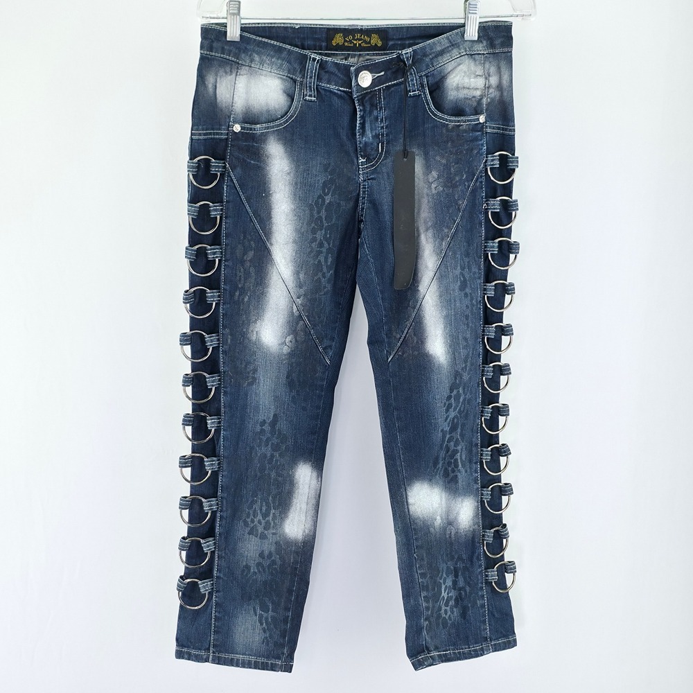 Virgin Only O-Ring Side Cut-Out Jeans Womens 30 Blue Leopard Metallic Y2K Edgy